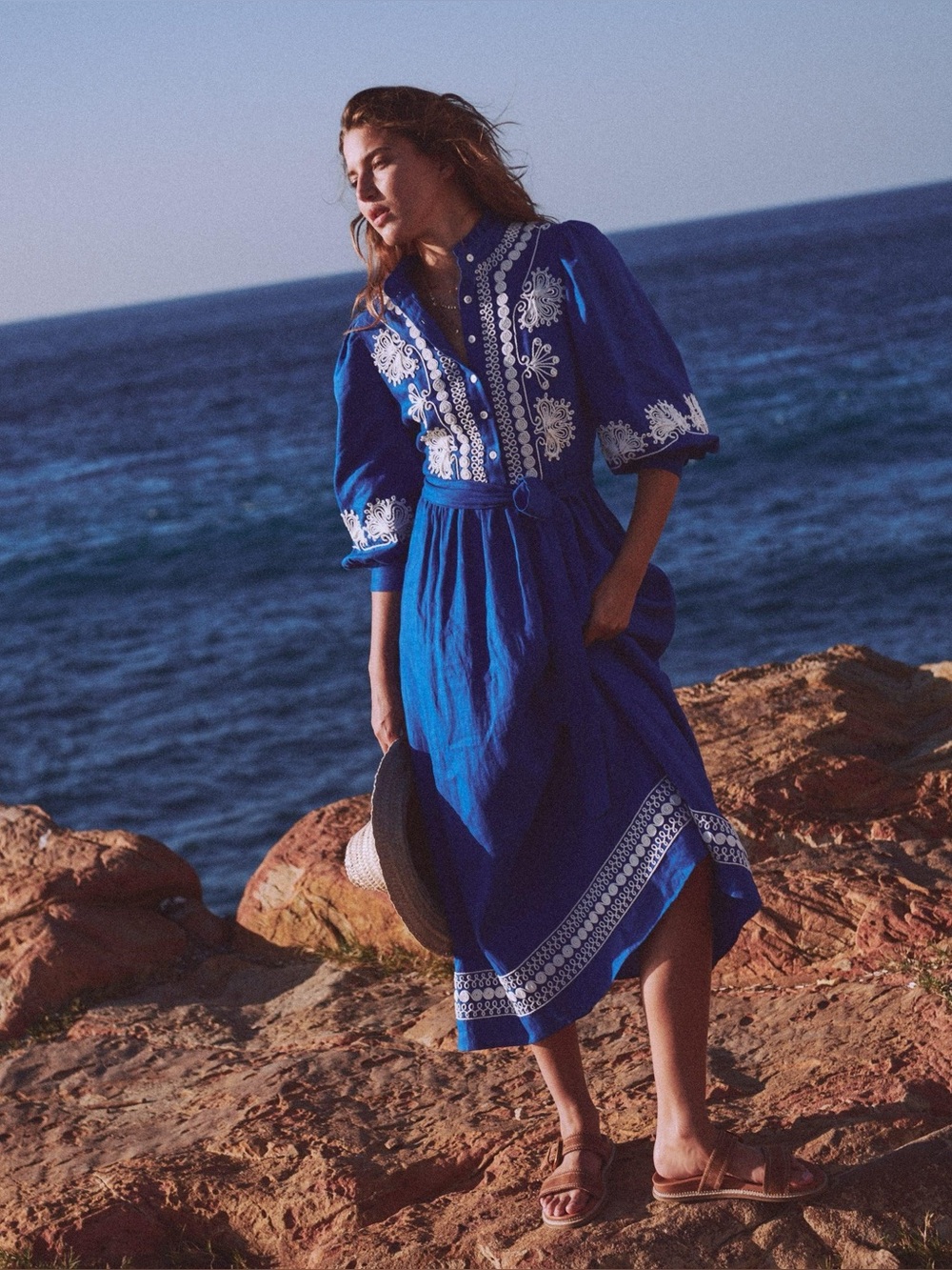Hyacinth House Royal Blue with Baby Blue Embroidery Dowling Midi Dress